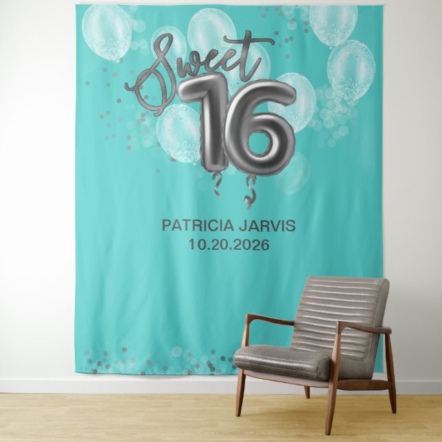 Silver Sweet 16 Bday Balloons Party Teal Backdrops Tapestry (In Situ)