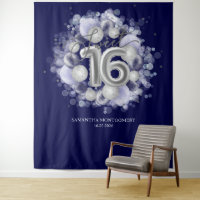 Silver Sweet 16 Bday Balloons Royal Blue Backdrop