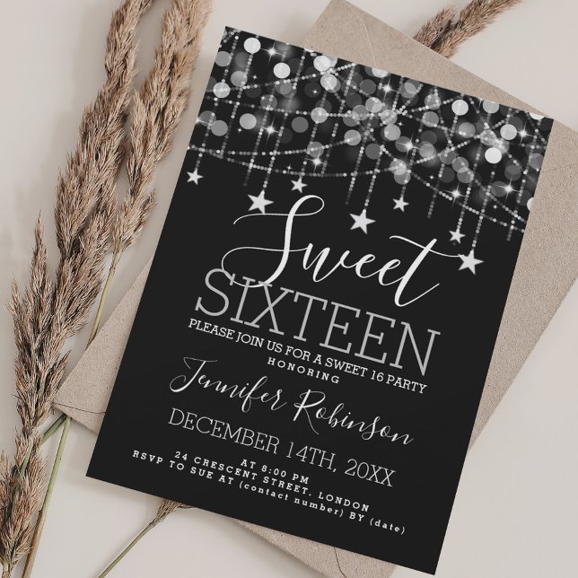 Silver Sweet 16 Birthday Sparkly String Lights Invitation (Silver Sweet 16 Birthday Sparkly String Lights Invitation)