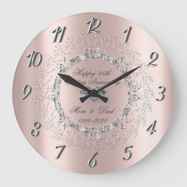  Silver Swirls Diamond 25th Wedding Anniversary Large Clock (Front)
