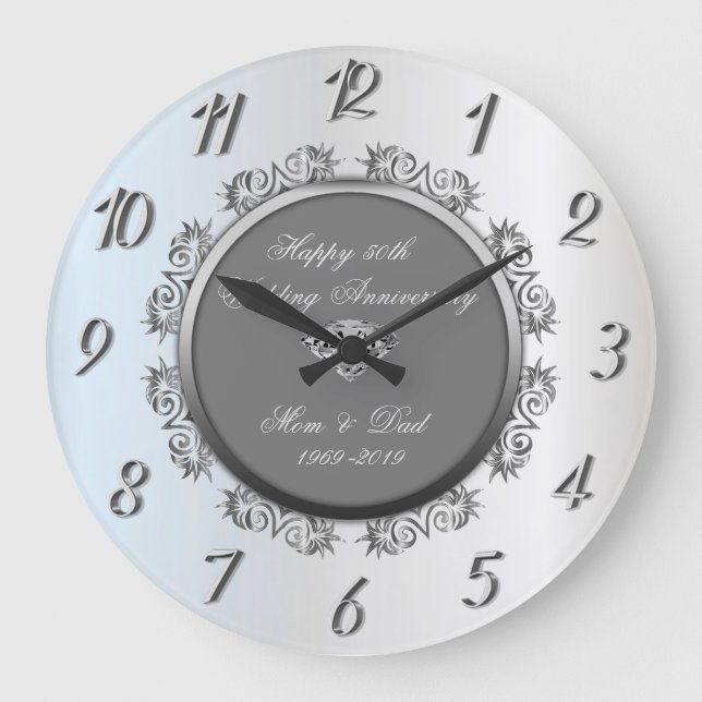 Silver Swirls Diamond 50th Wedding Anniversary Large Clock (Front)