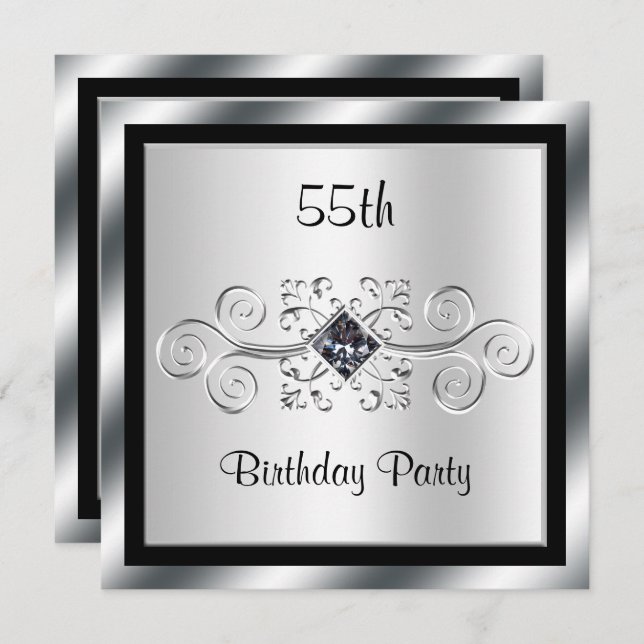 Silver Swirls & Diamond 55th Birthday Party Invitation (Front/Back)