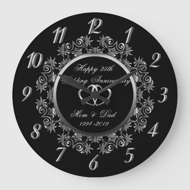 Silver  Swirls Hearts 25th Wedding Anniversary Large Clock (Front)
