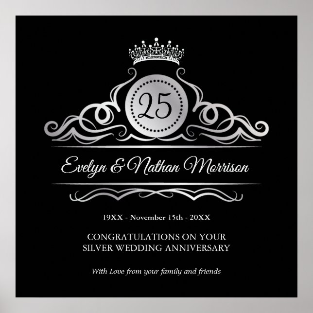Silver swirls on black 25th Wedding Anniversary Poster (Front)