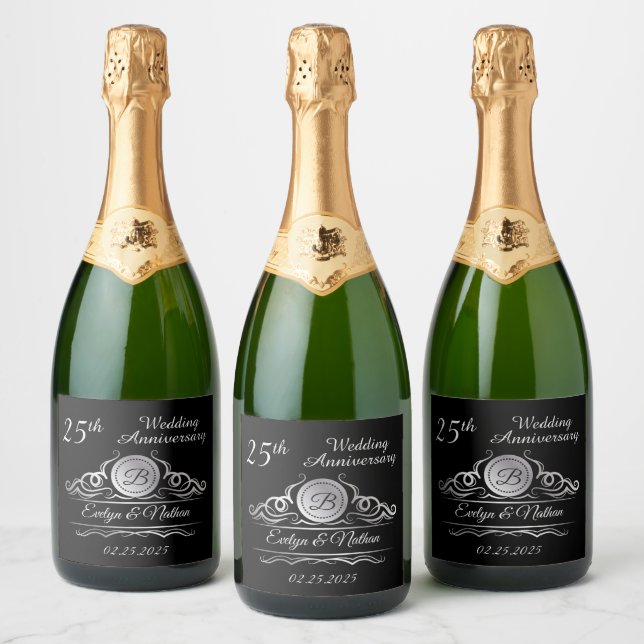 Silver swirls on black 25th Wedding Anniversary Sparkling Wine Label (Bottles)