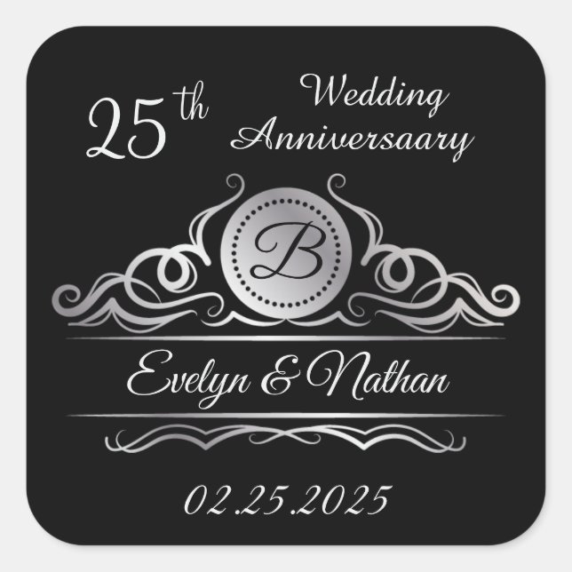 Silver swirls on black 25th Wedding Anniversary Square Sticker (Front)