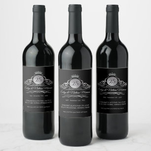 Silver Swirls on black 25th Wedding Anniversary  Wine Label