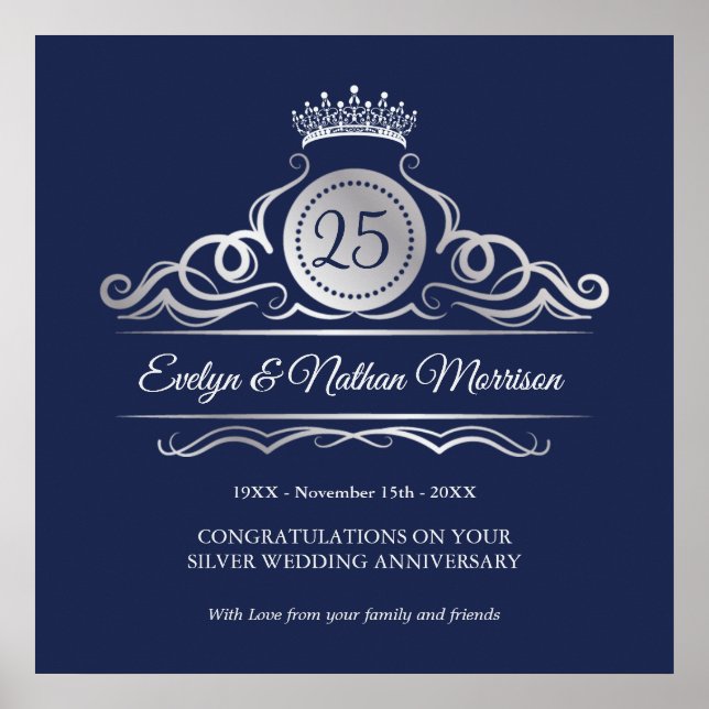 Silver swirls on blue 25th Wedding Anniversary  Poster (Front)