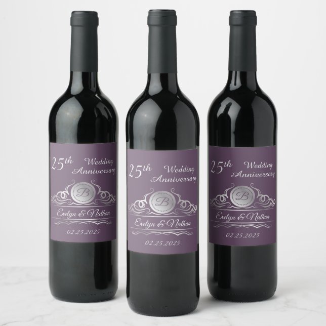 Silver swirls on purple 25th Wedding Anniversary Wine Label (Bottles)