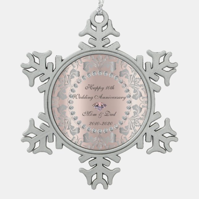 Silver Swirls Rose Gold 10th Wedding Anniversary Snowflake Pewter Christmas Ornament (Front)