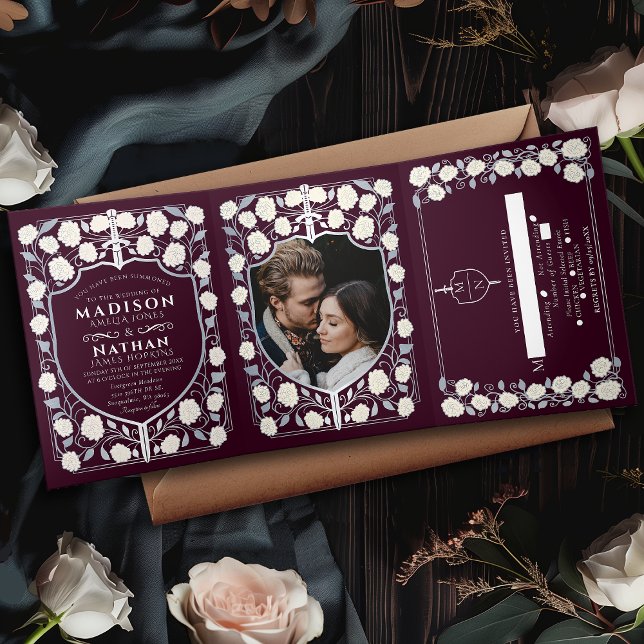 Silver Sword & Shield Mediaeval Fantasy Wedding Re Tri-Fold Invitation (Creator Uploaded)