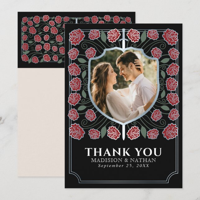 Silver Sword Shield Mediaeval Fantasy Wedding Thank You Card (Front/Back)