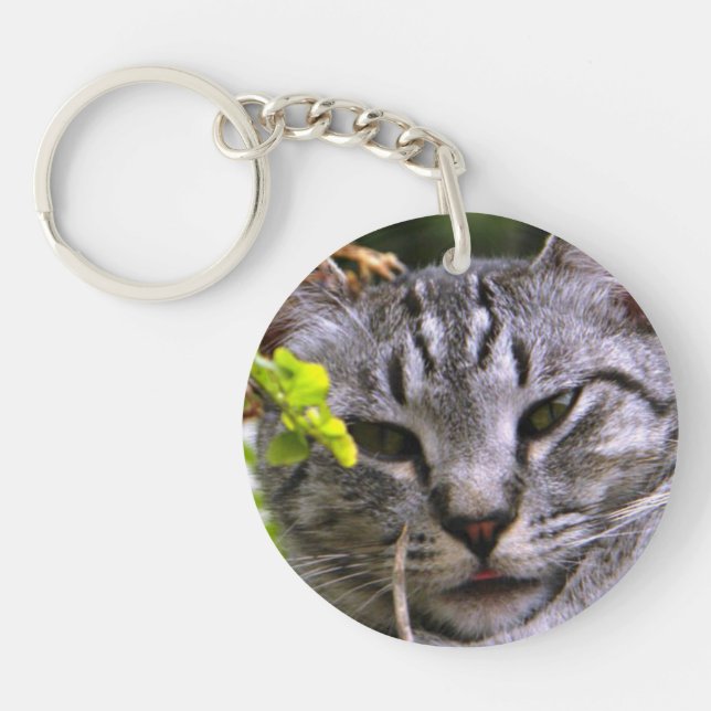 Silver Tabby Cat Face Keychain (Front)