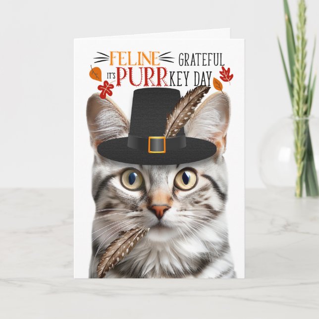 Silver Tabby Cat Grateful for PURRkey Day Holiday Card (Front)
