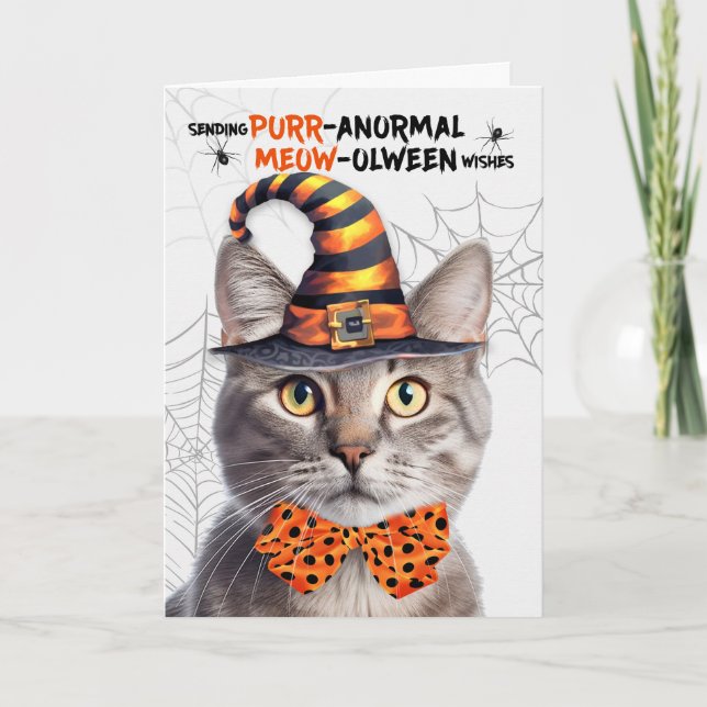 Silver Tabby Halloween Cat PURRanormal MEOWolween Holiday Card (Front)