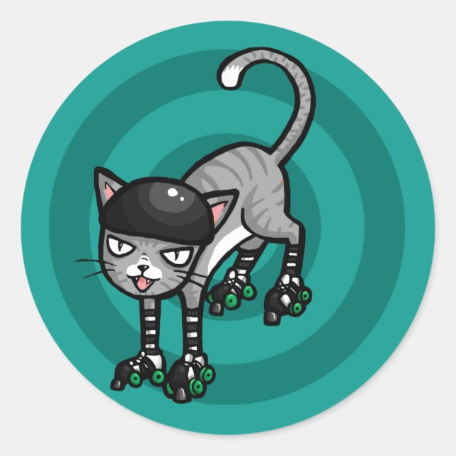 Silver Tabby on RollerSkates Classic Round Sticker (Front)