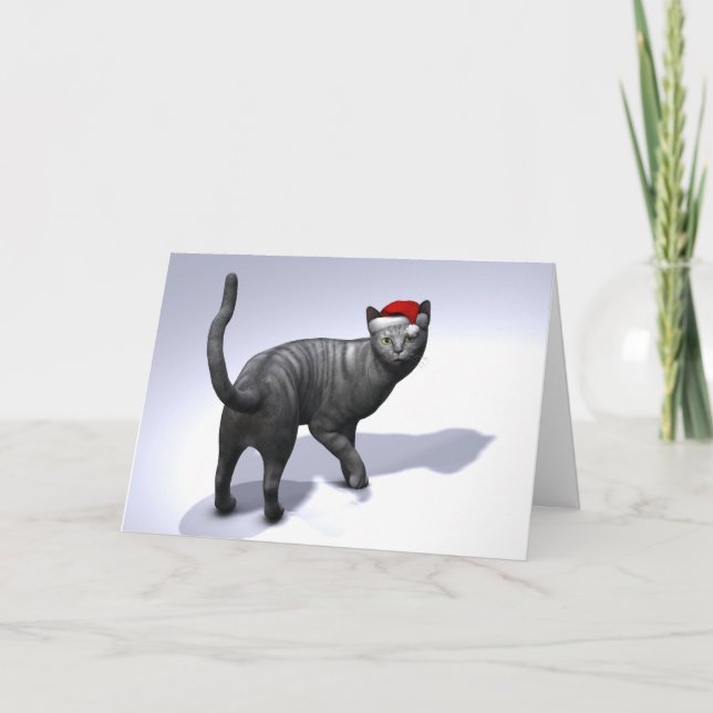 Silver Tabby Santa Claus Hat Holiday Card (Front)