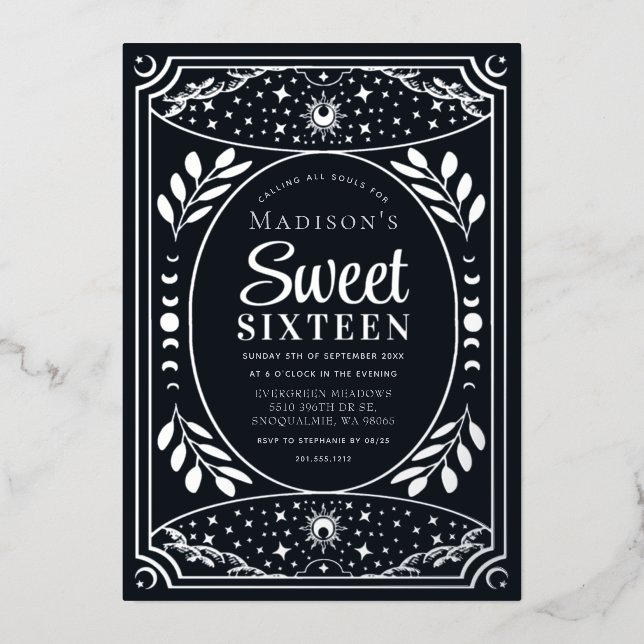 Silver Tarot Witchy Sweet 16 Birthday Party (Front)