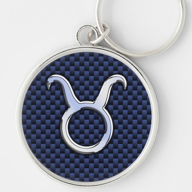 Silver Taurus Zodiac Sign Blue Carbon Fibre Print Key Ring (Front)