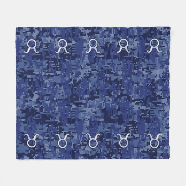 Silver Taurus Zodiac Sign Navy Blue Digital Camo Fleece Blanket (Front (Horizontal))