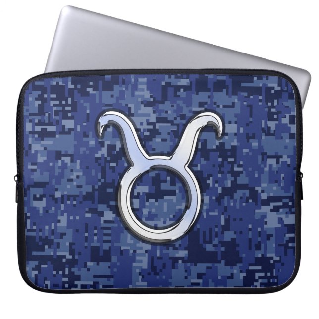 Silver Taurus Zodiac Sign Navy Blue Digital Camo Laptop Sleeve (Front)