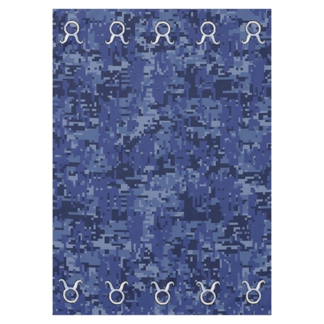 Silver Taurus Zodiac Sign Navy Blue Digital Camo Tablecloth (Front)