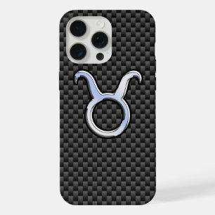 Silver Taurus Zodiac Sign on Carbon Fiber Print iPhone 15 Pro Max Case
