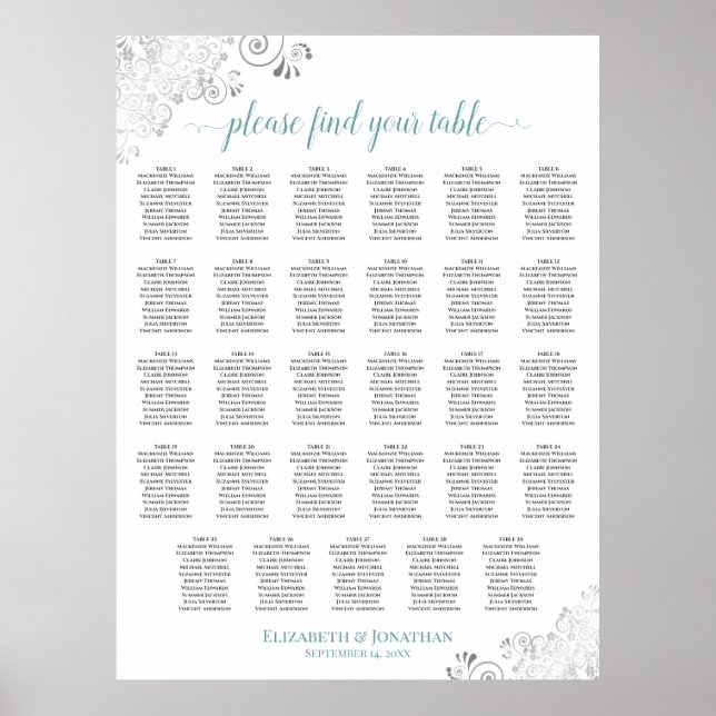 Silver & Teal 29 Table White Wedding Seating Chart (Front)