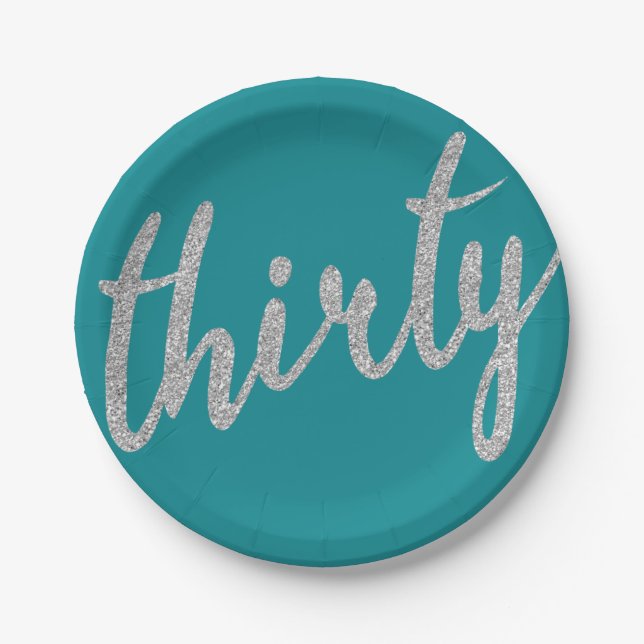 Silver Teal 30 Birthday Party Glitter "Thirty" Paper Plate (Front)