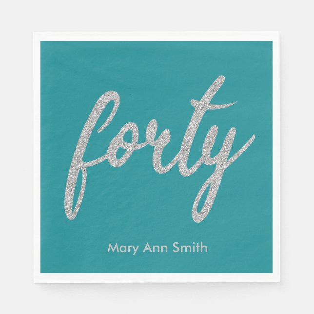 Silver Teal 40 Birthday Party Glitter "Forty" Napkin (Front)
