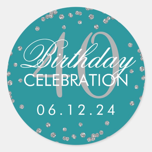 Silver Teal 40th Birthday Faux Glitter Confetti Classic Round Sticker (Front)