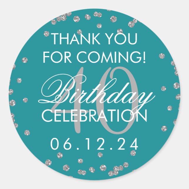Silver Teal 40th Birthday Thank You Confetti Classic Round Sticker (Front)
