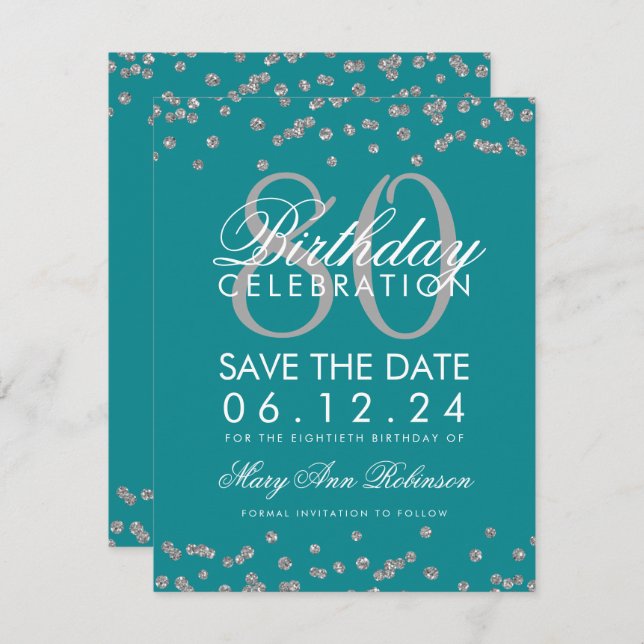 Silver Teal 80th Birthday Save Date Confetti Invitation (Front/Back)