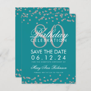Silver Teal 80th Birthday Save Date Confetti Invitation