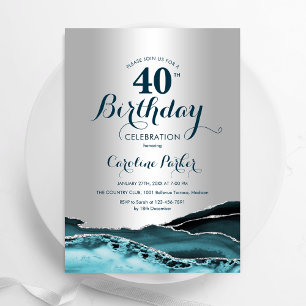 Silver Teal Agate 40th Birthday Invitation