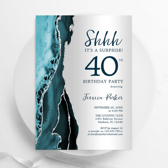 Silver Teal Agate Surprise 40th Birthday Invitation (Creator Uploaded)