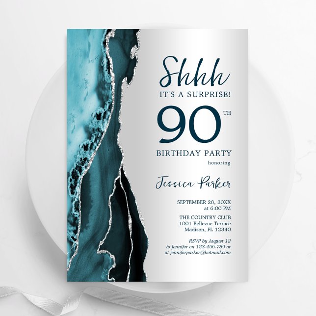 Silver Teal Agate Surprise 90th Birthday Invitation (Creator Uploaded)