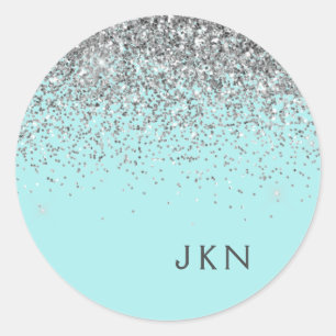 Silver Teal Aqua Blue Girly Glitter Monogram Classic Round Sticker