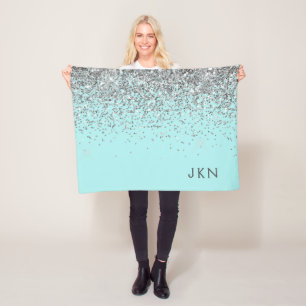 Silver Teal Aqua Blue Girly Glitter Monogram Fleece Blanket