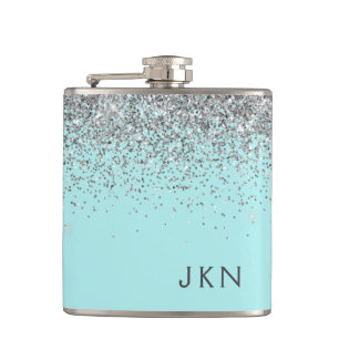 Silver Teal Aqua Blue Girly Glitter Monogram Hip Flask