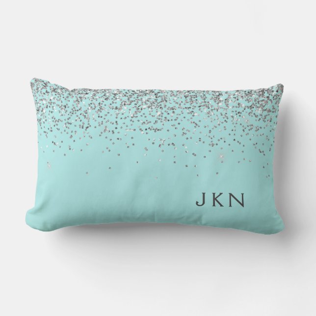 Silver Teal Aqua Blue Girly Glitter Monogram Lumbar Cushion (Front)