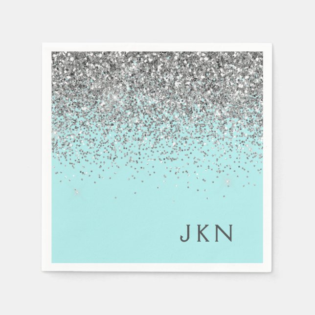 Silver Teal Aqua Blue Girly Glitter Monogram Napkin (Front)
