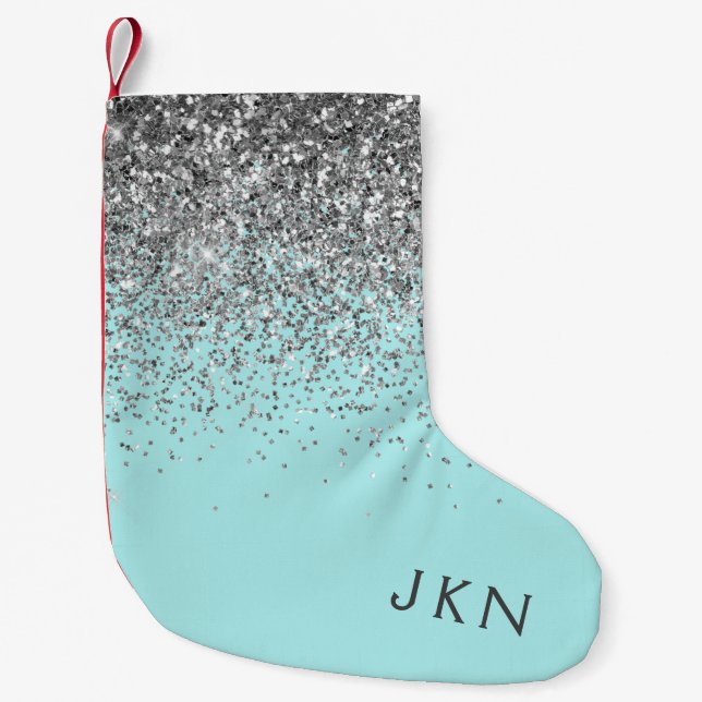 Silver Teal Aqua Blue Girly Glitter Monogram Small Christmas Stocking (Front)