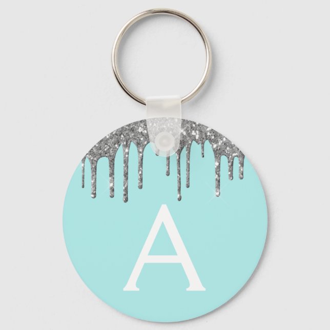 Silver Teal Aqua Blue Sparkly Glitter Monogram Key Ring (Front)