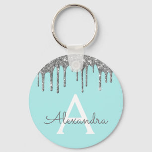 Silver Teal Aqua Blue Sparkly Glitter Monogram Key Ring