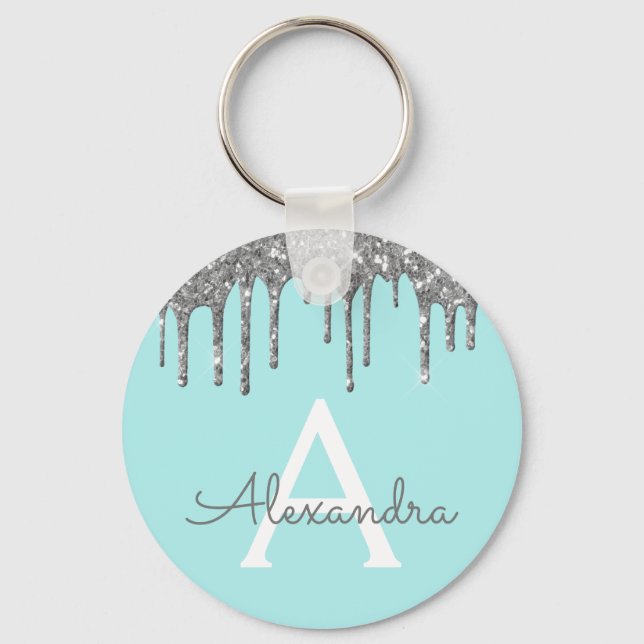 Silver Teal Aqua Blue Sparkly Glitter Monogram Key Ring (Front)