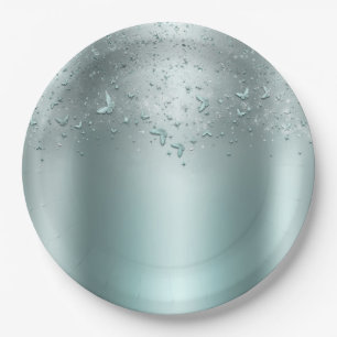 Silver Teal Aqua Flutter Butterfly Sweet 16 Party Paper Plate
