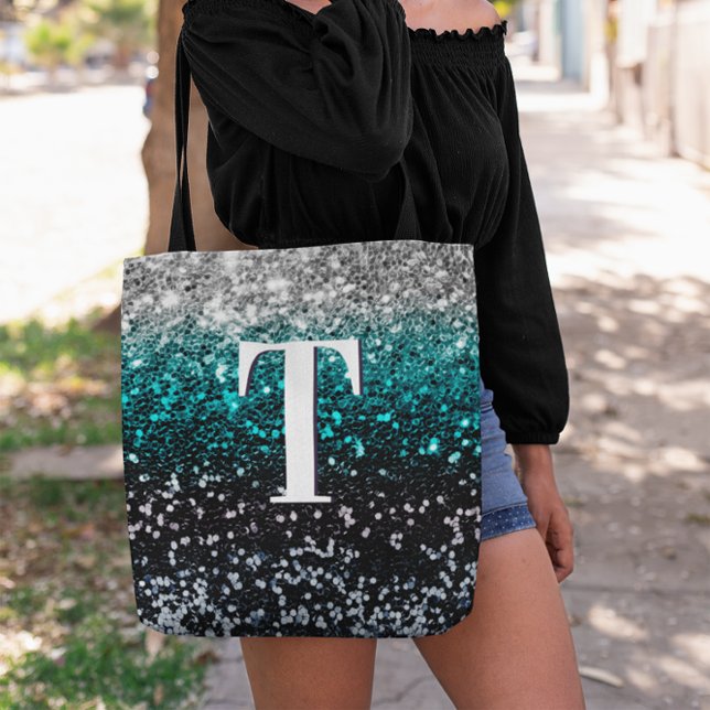 Silver Teal Black Gradient Chunky Glitter Monogram Tote Bag (Silver Teal and Black Chunky Glitter Monogram Tote)