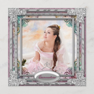 Silver Teal Blue Coral Pink Photo Quinceanera Invitation