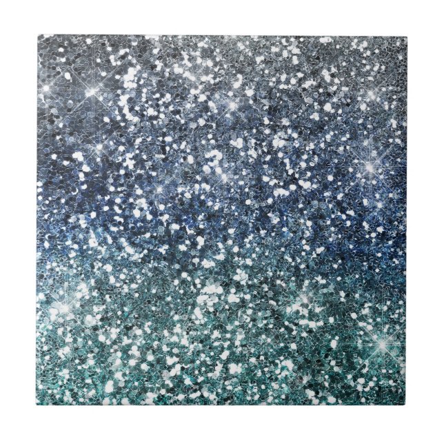 Silver Teal Blue Glitter Look Ceramic Tile (Front)